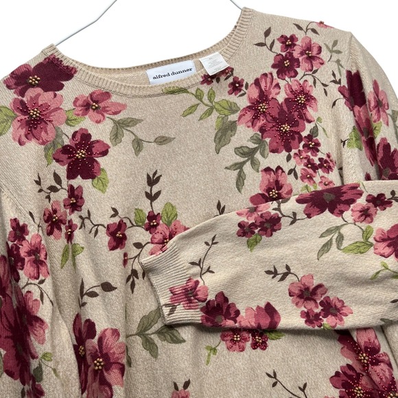 Alfred Dunner Sweaters - Alfred Dunner Sweater Womens XL Tan Red Floral Beaded Ramie Cotton Knit Pullover